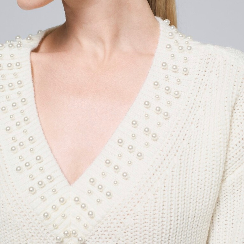 NWT WHBM vnk high low pearl pull over sweater, XXSP, ecru - Picture 2 of 14